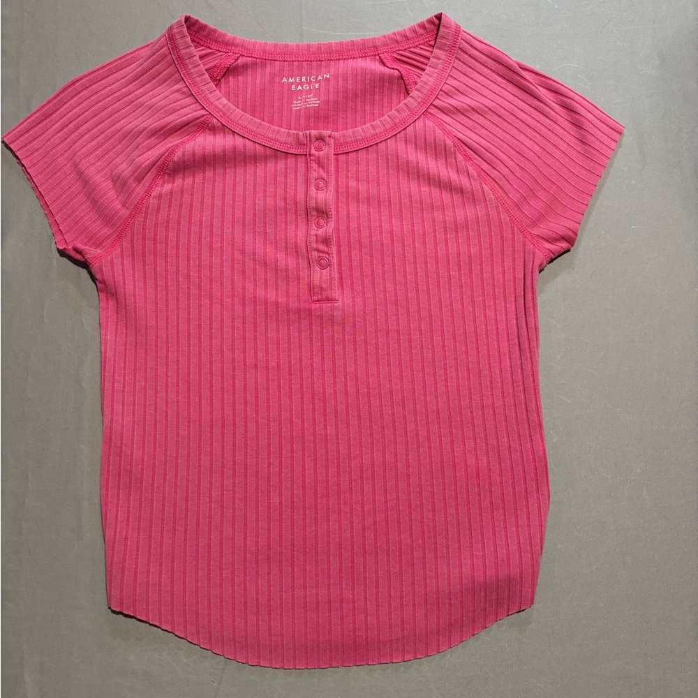 American Eagle Pink Ribbed Henley Top Short Sleeve Women's Size S Y2K